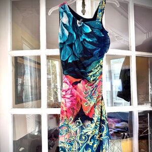 Elana Kattan Audrey Colorful Assymetrical Neckline Stretchy  Dress USA Made